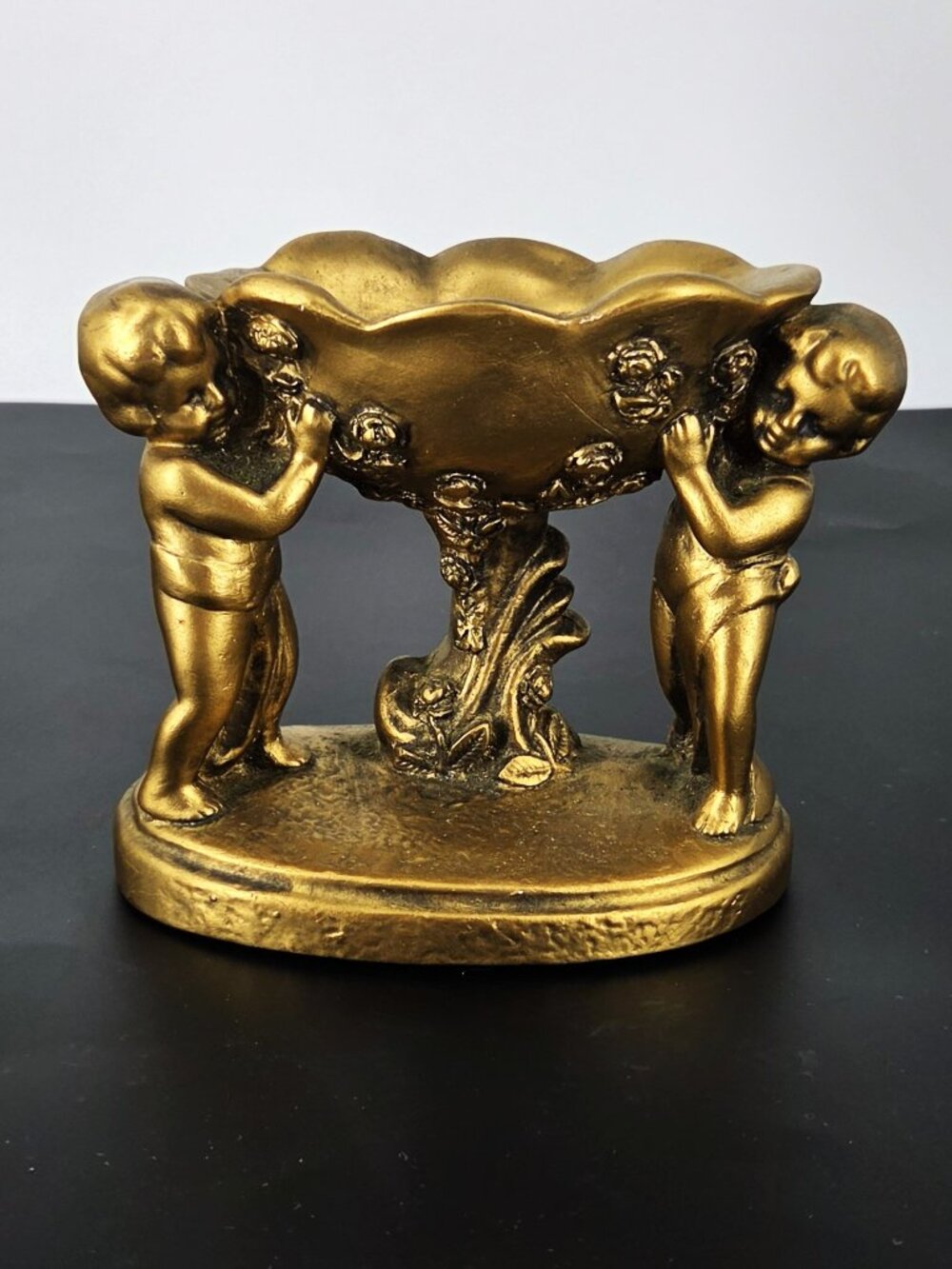 Gold Hollywood Regency Cherub Pedestal Oval Plaster Vintage Soap/Trinket Dish